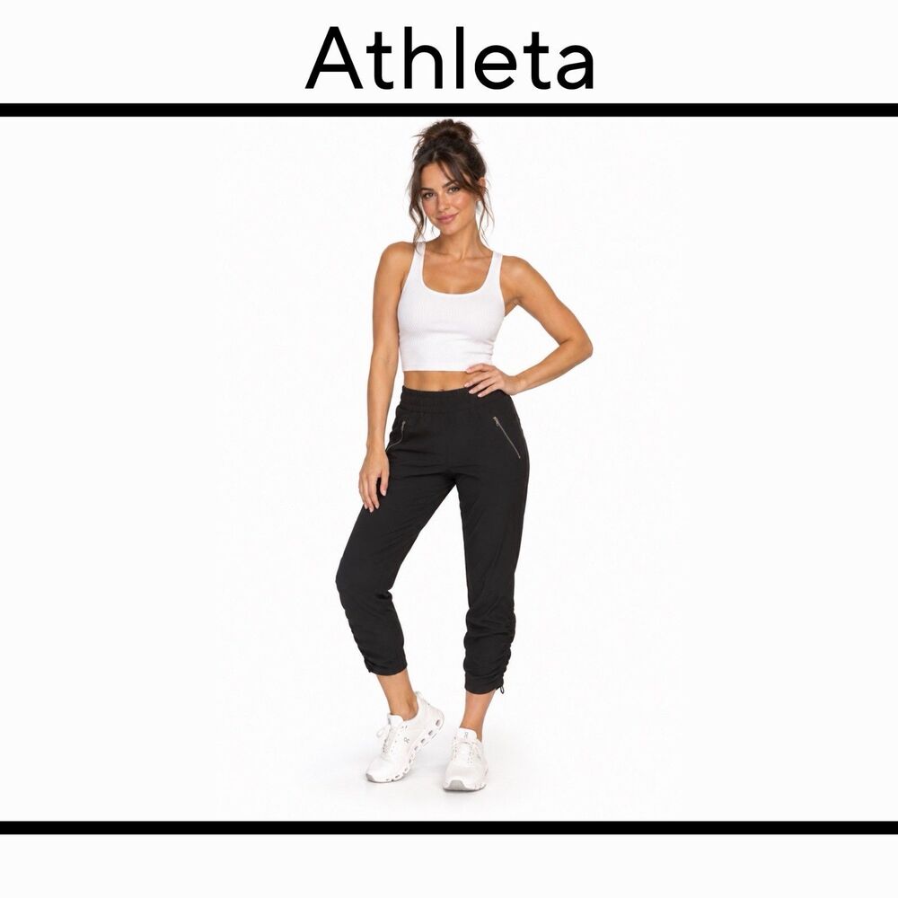 Athleta Aspire Ankle Pants Womens Size 6 Black Zip Pocket Ruched Leg Black